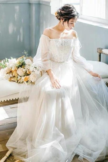 ,off Shoulder Fairy Evening Dress, Dream Princess Dress, Socialite Long Tail ,light Wedding Dress,custom Made