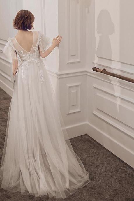 New,Spring, white bridal dress, short sleeve light wedding dress,o-neck outdoor wedding dress,custom made