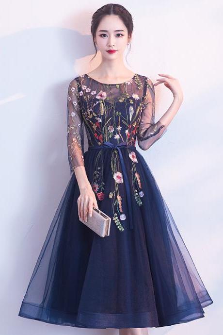 ,long Sleeve Homecoming Dress,navy Blue Party Dress With Embroidered,custom Made