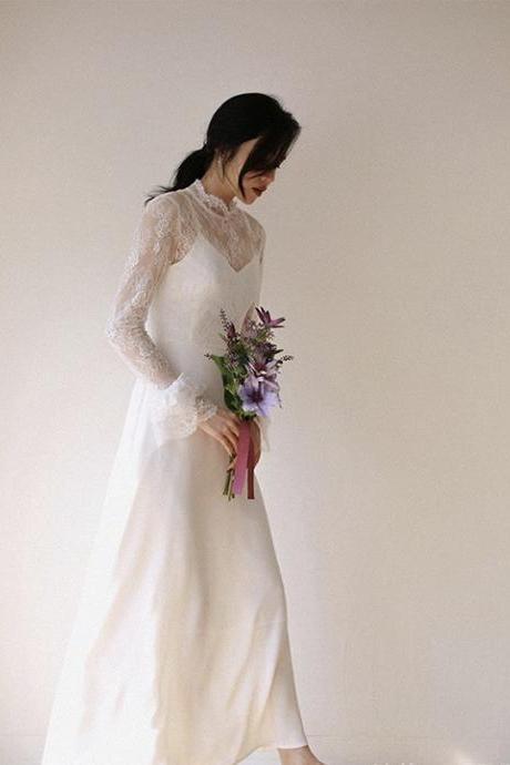Long Sleeve Bridal Dress,high Neck Wedding Dress,elegant Lace Prom Dress,custom Made