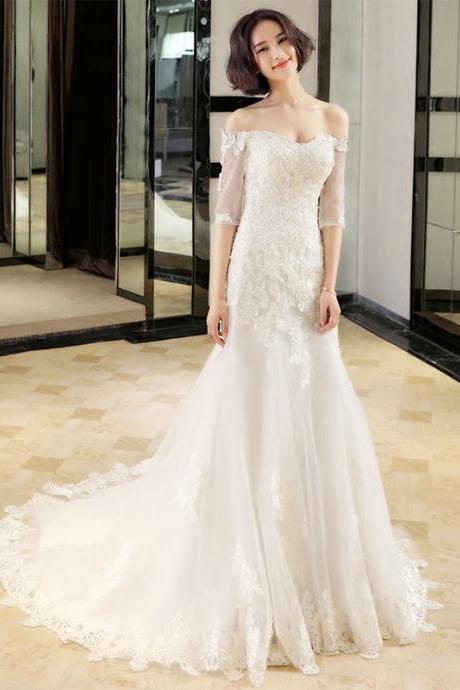 Off Shoulder Bridal Dress,lace Wedding Dress,mid-sleeve White Bridal Dress,custom Made