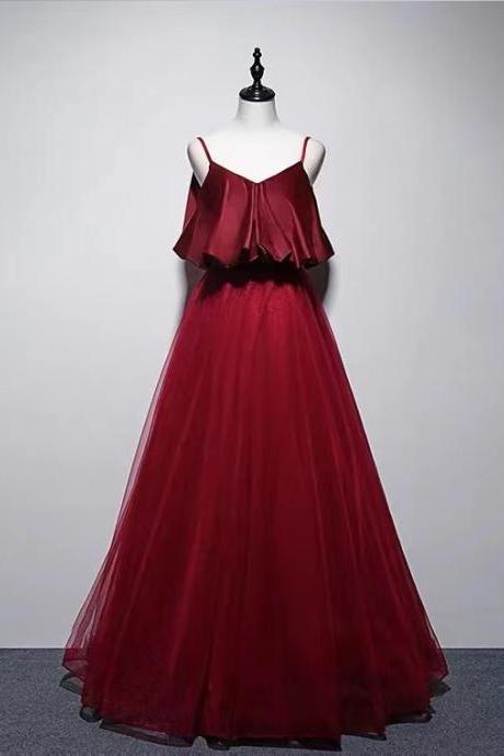 Spaghetti strap red prom dress, Flounces collar, stylish evening dress,High waisted maternity gown,custom made
