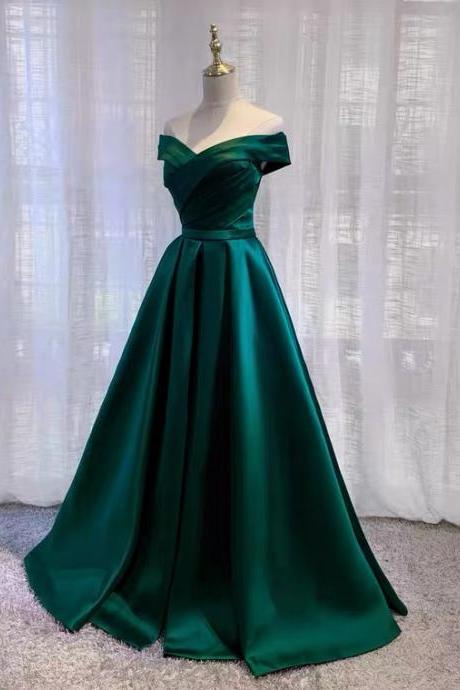 Off Shoulder Satin Evening Dress, Dark Green Party Dress,custom Made