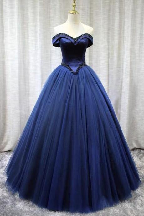 Navy Blue Off Shoulder Evening Dress, Long Bouffant Dress, Luxurious, With Beaded,custom Made