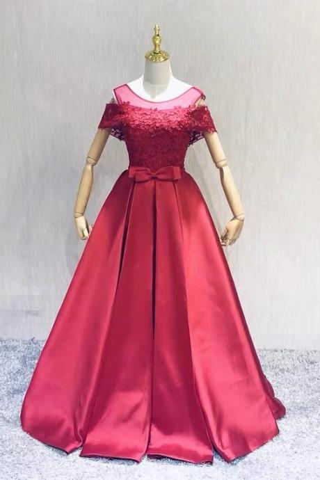 O-neck Party Dress, Burgundy, Long Satin Dress With Lace,custom Made