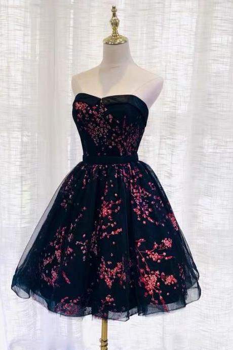 Black Strapless Printed Homecoming Dress, Short Evening Dress, Birthday Party Dress,custom Made