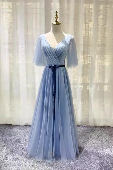 Elegant,new V-neck bridesmaid dress, blue prom dress,custom made