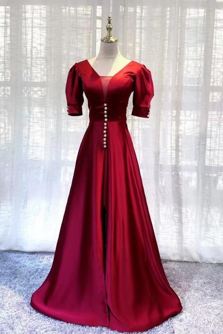Red Prom Dress,satin Party Dress,short Sleeve Prom Dress,custom Made