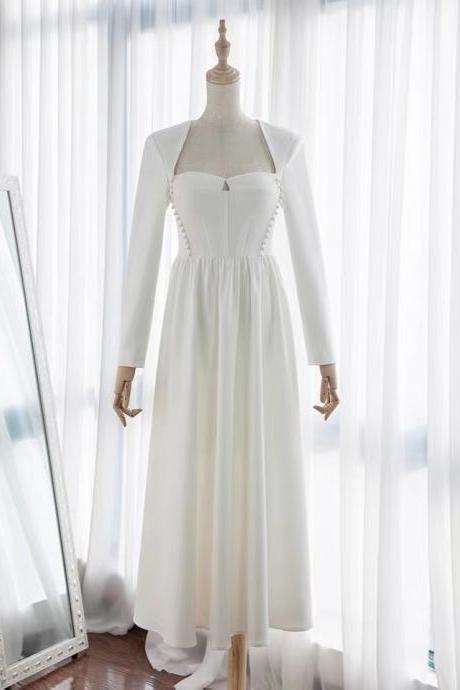 Vintage, elegant, Hepburn style, white beaded dress, light bridal gown, long sleeved gown, long evening dress,custom made