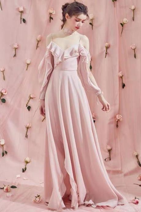 Pink Prom Dresses,spghetti Strap Party Dresses,v-neck Pink Bridesmaids Dresses,custom Made