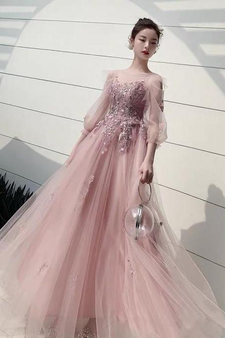 Long Sleeve Evening Dress, Fairy Dream Pink Party Dress,custom Made