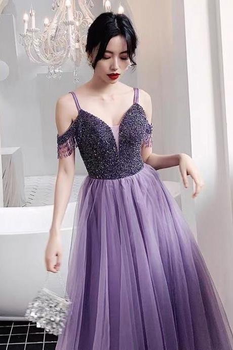 Beaded Evening Dress,temperament, Fairy Purple Party Dress, Off Shoulder Prom Dress,custom Made