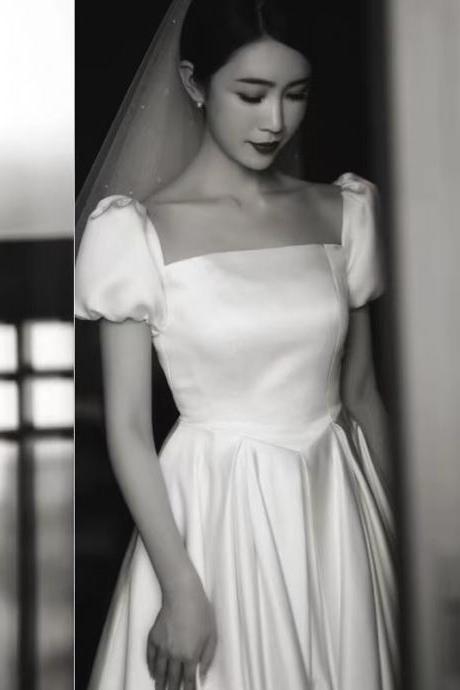 Short Sleeve Prom Dress,satin Bridal Dress,white Wedding Dress,custom Made