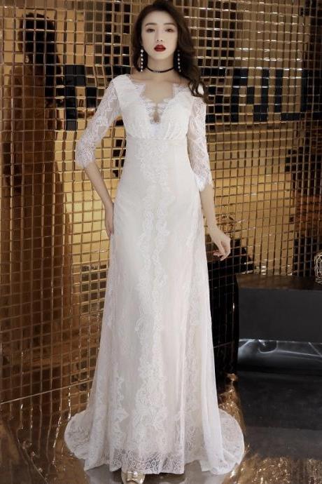 Long Sleeve Wedding Dress, Lace Elegant Trailing Dress, White V-neck Prom Dress,custom Made