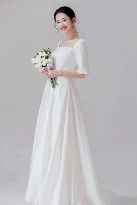 Mid-sleeve Wedding Dress,satin Elegant Trailing Dress,custom Made