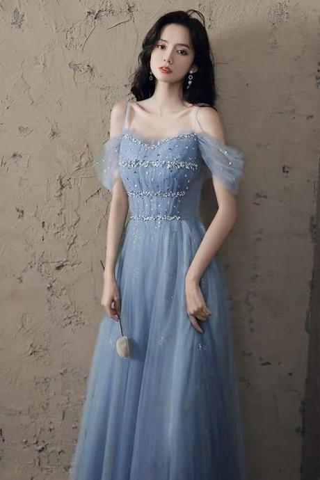 Blue Evening Dress, Temperament Spaghetti Strap Dress, Elegant Prom Dress,custom Made