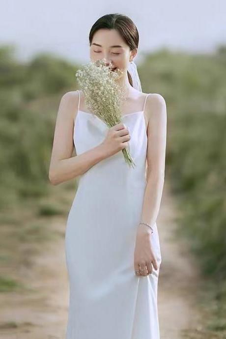 Spaghetti Strap Light Wedding Dress, Simple, Satin Super Fairy Wedding Dress,custom Made