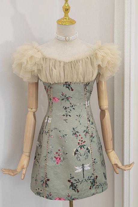Vintage, jacquard, mesh splicing, bubble sleeve ,off shoulder party dress
