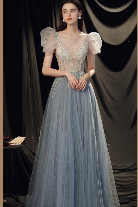 Elegant Temperament Dress, Short-sleeve Blue Beaded Long Evening Dress,custom Made
