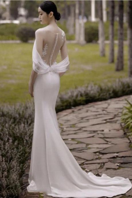 Satin, Light Wedding Mermaid Dress, Simple Word Off Shoulder Evening Dress,custom Made