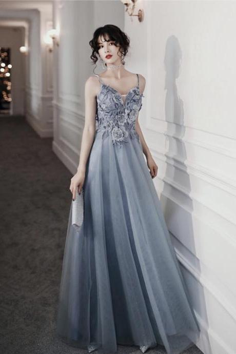 New style, deep V neck blue prom dress, long sexy evening dress with applique,Custom Made