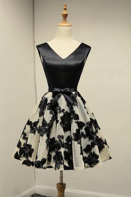V-neck Homecoming Dress, Black Litte Dress With Embroidered Lace, Custom Made