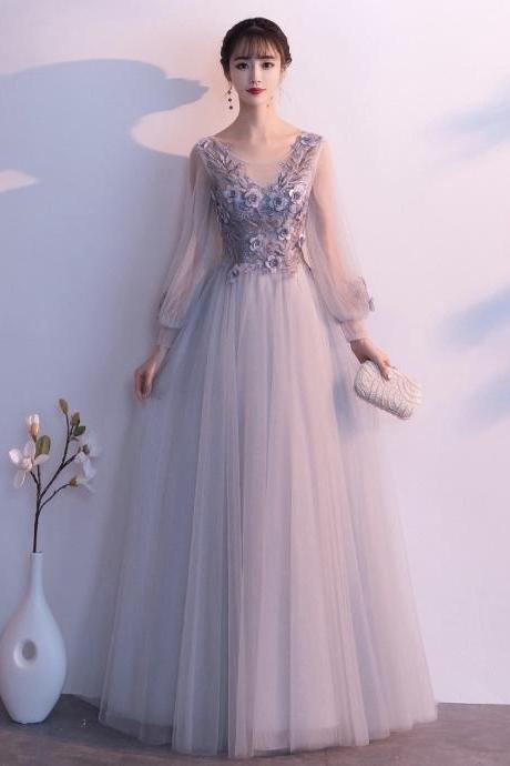 Long Sleeve Evening Dress, Style, Noble ,gray Prom Dress With Applique, Custom Made