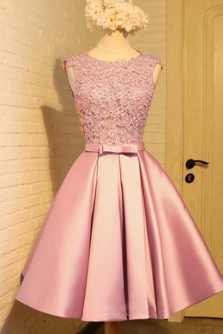 Spring/summer Pink Dresses, Embroidered Lace Homecoming Dresses, V-neck Bridesmaid Dresses, Custom Made