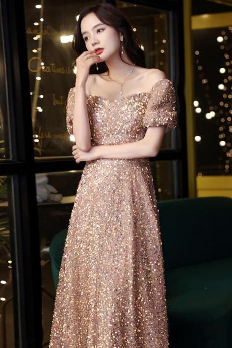 Short Sleeve Evening Dress, Gold Sequin Dress ,custom Made