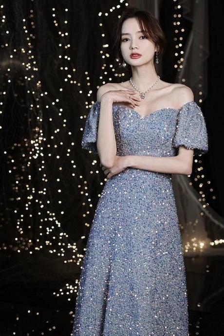 Short Sleeve Evening Dress, Blue Sequin Dress ,custom Made
