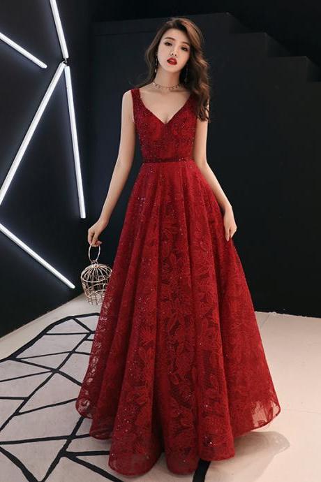 V-neck Prom Dress,red Party Dress,charming,lace Evening Dress,custom Made