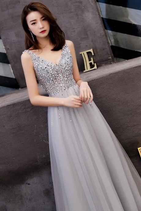 V-neck Prom Dress,gray Party Dress,charming,beaded Evening Dress,custom Made