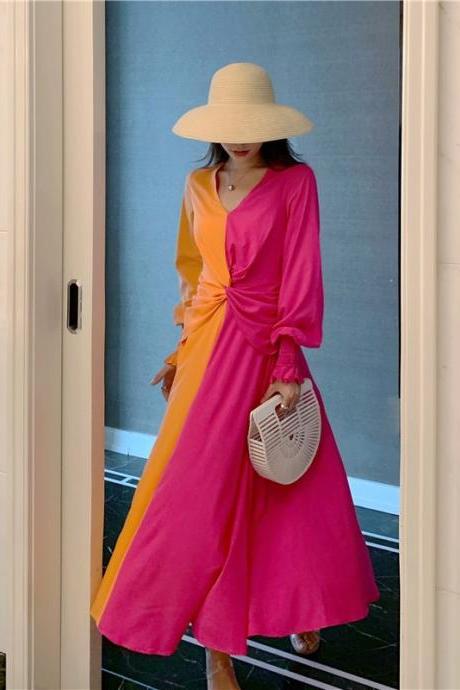 Fashion, V-neck Dress, Color Matching Long Sleeve Dress