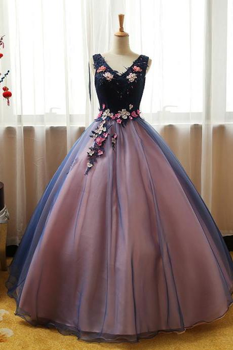 V-neck Bouffant Dress,applique Flowers, Fashion Ball Gown,custom Made