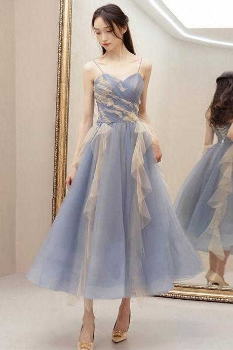 Blue Bridesmaid Dress, Fairy Spaghetti Strap Homecoming Dress,custom Made