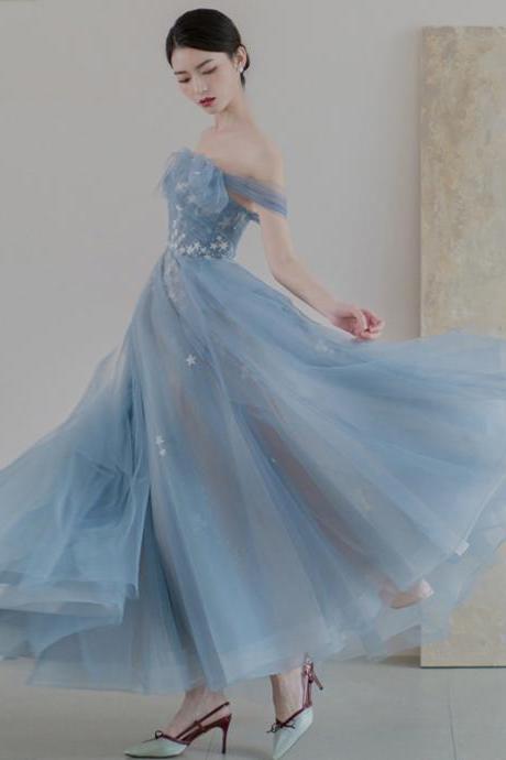 Blue Evening Dress, Off Shoulder Birthday Dress, Elegant Graduation Dress,custom Made