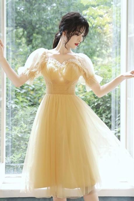 Little Party Dress, Homecoming Dress, Yellow Birthday Princess Dress, Short Sleeve Bridesmaid Dress,custom Made