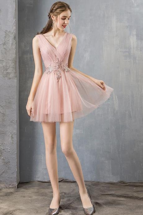Little Pink Homceoming Dress, V-neck Bridesmaid Dress,custom Made