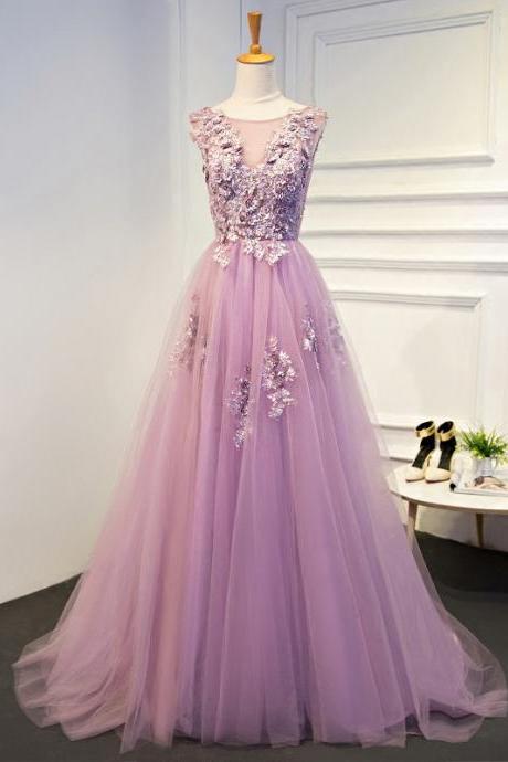 Sleeveless Prom Dress,pink Evening Dress With Applique,custom Made