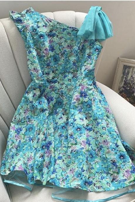 Holiday Style, Sweet, Fresh Floral Dress, One Shoulder Cotton Full-length Dress