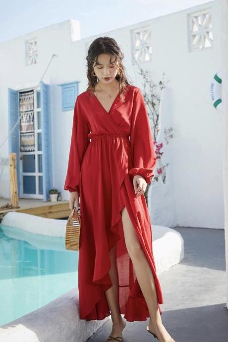 Red Backless Slit Dress, Super Long Sleeve Dress