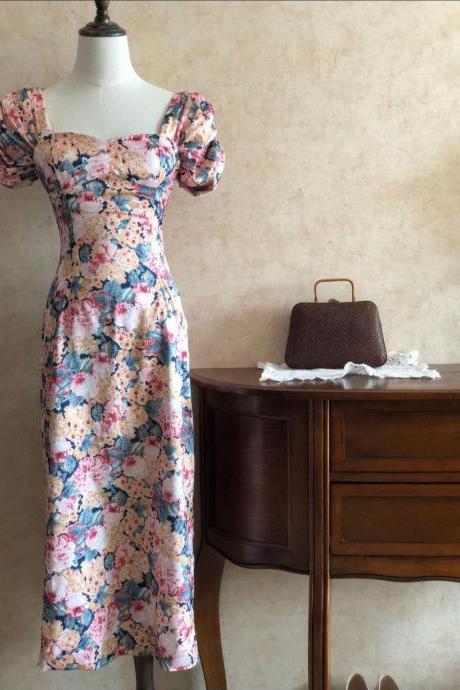 Vintage,oil painting long print dress, off shoulder floral dress