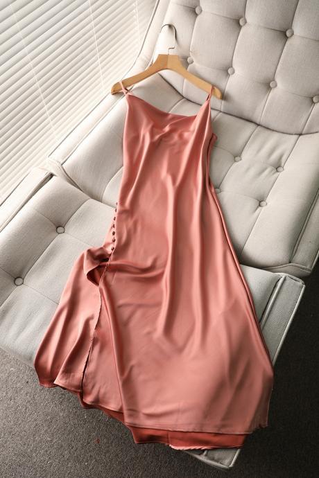 Simple Satin Dress, Summer,spaghetti Strap Slit Long Dress