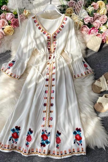 Holiday beach floral dress, Bohemian, ethnic, vintage, artsy, embroidered dress with flared sleeves