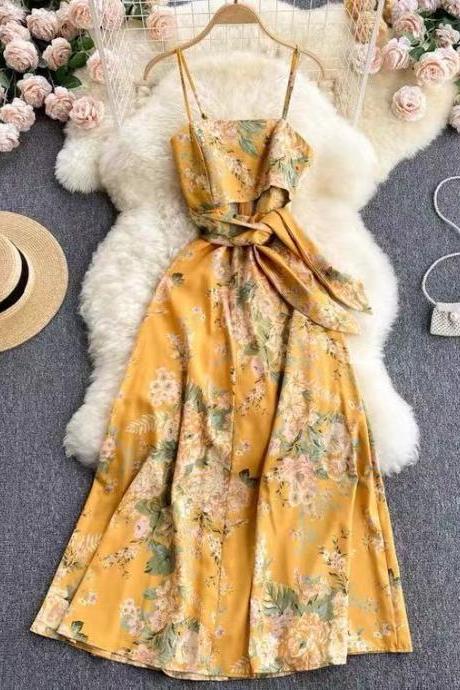 Goddess style, hollow out,yellow spaghetti strap dress