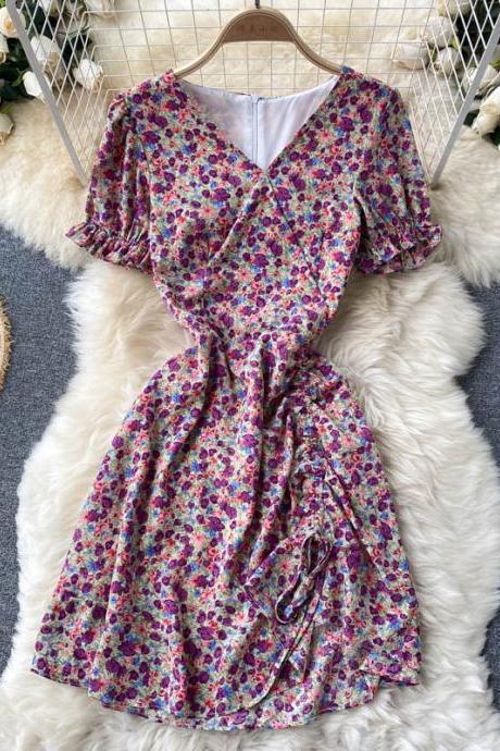 Vintage, floral platycodon dress, sweet wooden ear edge, bubble sleeve slim short dress