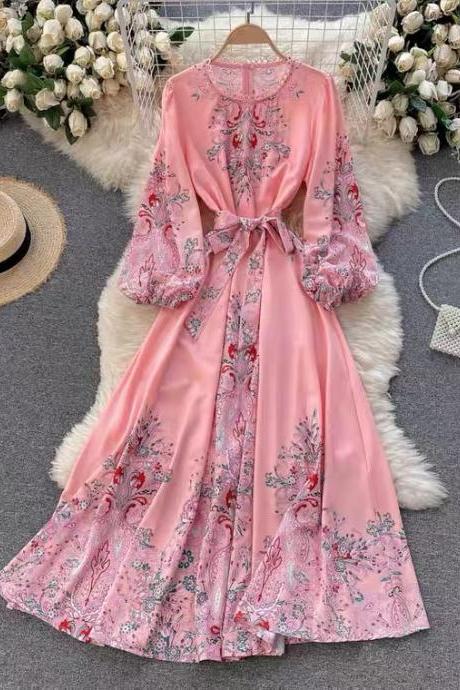 Printed Bubble Sleeve Dress, Waist - Tucked Long Dress