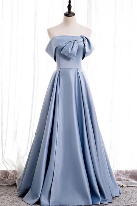 Blue Satin Prom Dress,off Shoulder Long Prom Dress , Bridesmaid Dress With Bowknot,custom Made