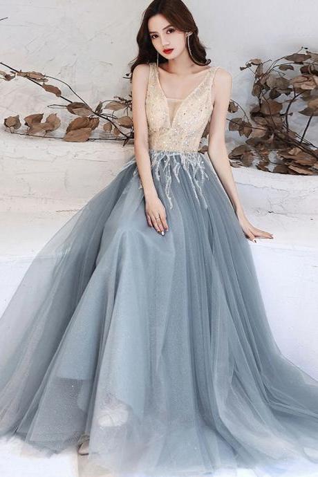 V Neck Tulle Prom Dress,sequin Long Evening Dress, Blue Tulle Beaded Dress,custom Made