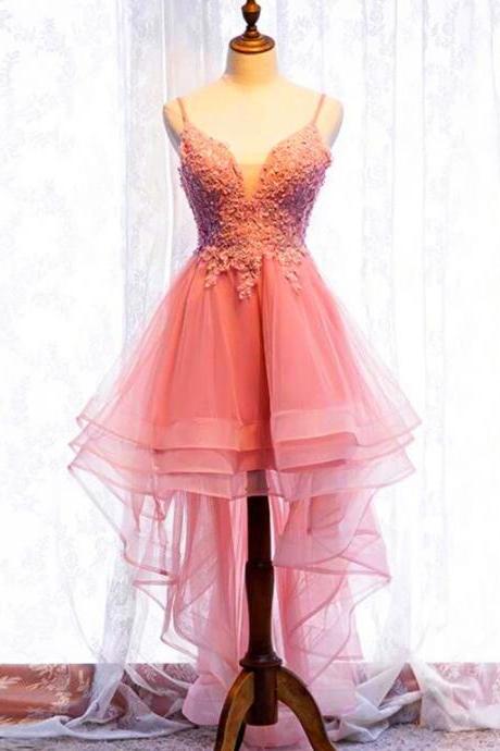 Pink Party Dress,high Low Homecoming Dress,spaghetti Strap Princess Dress,custom Made